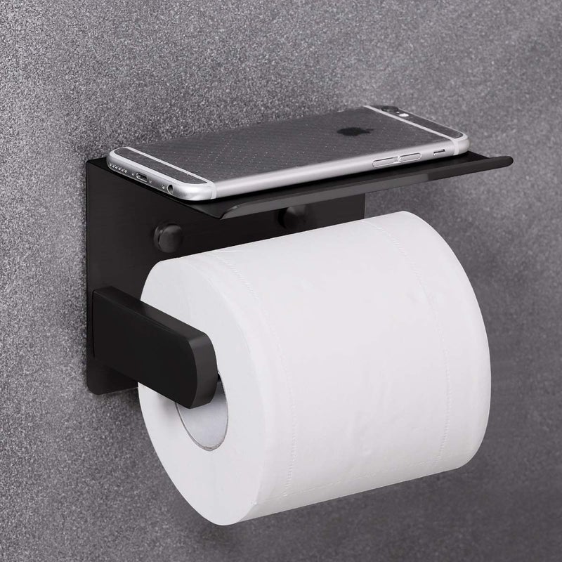 VAEHOLD Self Adhesive Toilet Paper Holder with Phone Shelf Stainless Steel Wall Mounted Toilet Paper Roll Holder - Rustproof and Bathroom Washroom Tissue Roll Holder with Shelf - Black - Image 3